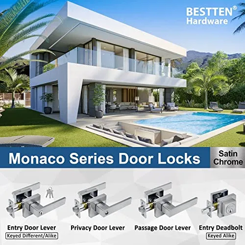 [10 Pack] BESTTEN Monaco Contemporary Square Entry Door Handle, Keyed Different Heavy Duty Entrance Door Lever with Removable Latch Plate, All Metal, for Commercial and Residential Use, Satin Chrome