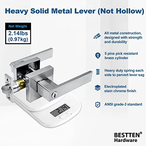 [10 Pack] BESTTEN Monaco Contemporary Square Entry Door Handle, Keyed Different Heavy Duty Entrance Door Lever with Removable Latch Plate, All Metal, for Commercial and Residential Use, Satin Chrome