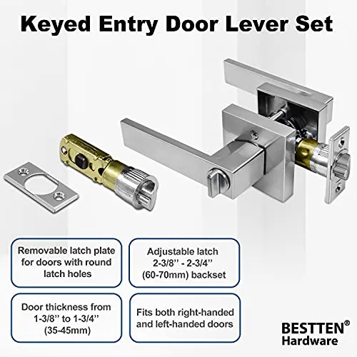 [10 Pack] BESTTEN Monaco Contemporary Square Entry Door Handle, Keyed Different Heavy Duty Entrance Door Lever with Removable Latch Plate, All Metal, for Commercial and Residential Use, Satin Chrome