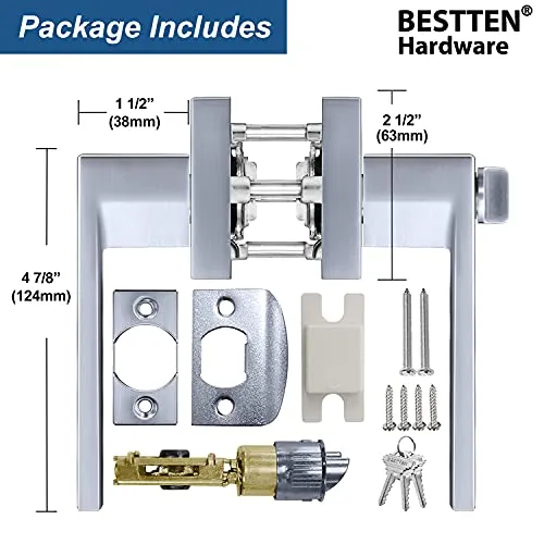 [10 Pack] BESTTEN Monaco Contemporary Square Entry Door Handle, Keyed Different Heavy Duty Entrance Door Lever with Removable Latch Plate, All Metal, for Commercial and Residential Use, Satin Chrome