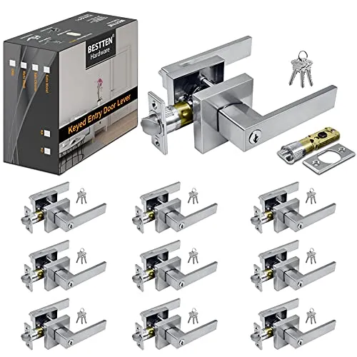 [10 Pack] BESTTEN Monaco Contemporary Square Entry Door Handle, Keyed Different Heavy Duty Entrance Door Lever with Removable Latch Plate, All Metal, for Commercial and Residential Use, Satin Chrome