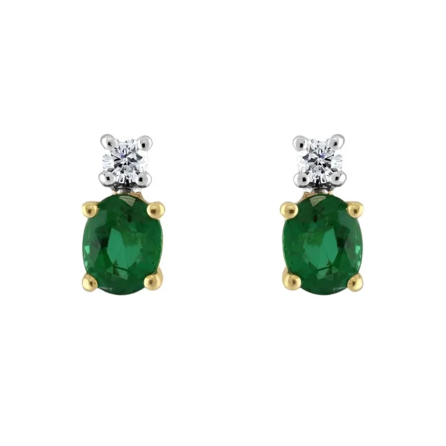 18ct Yellow & White Gold Oval Cut Emerald & Diamond Drop Earrings