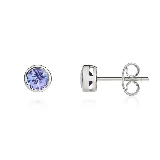 9ct White Gold Round Tanzanite Rubover Stud Earrings 4mm