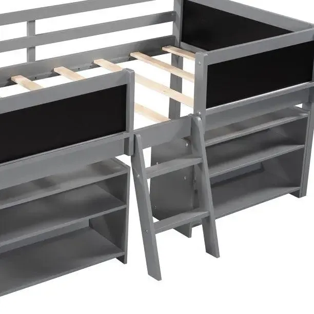 Bellemave® Twin Size Low Loft Bed with Decorative Guardrail Chalkboard