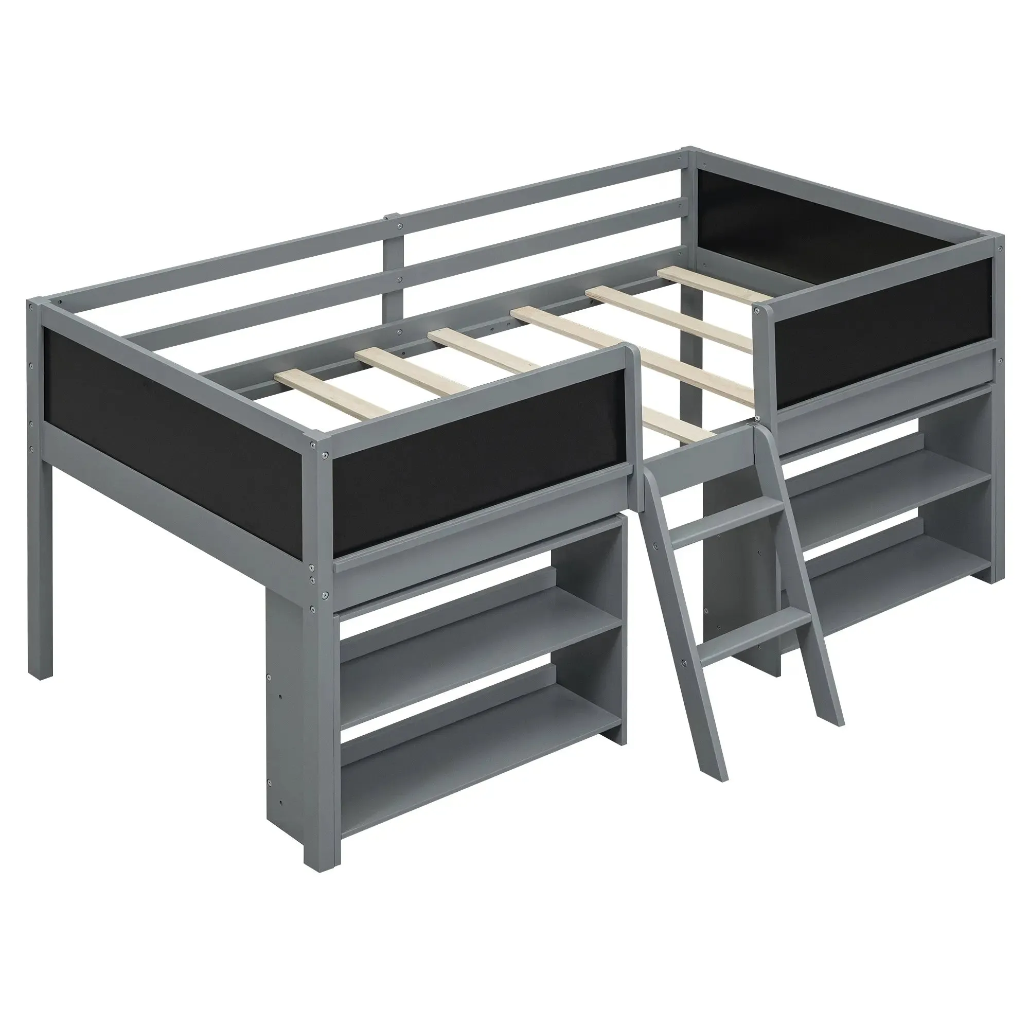 Bellemave® Twin Size Low Loft Bed with Decorative Guardrail Chalkboard