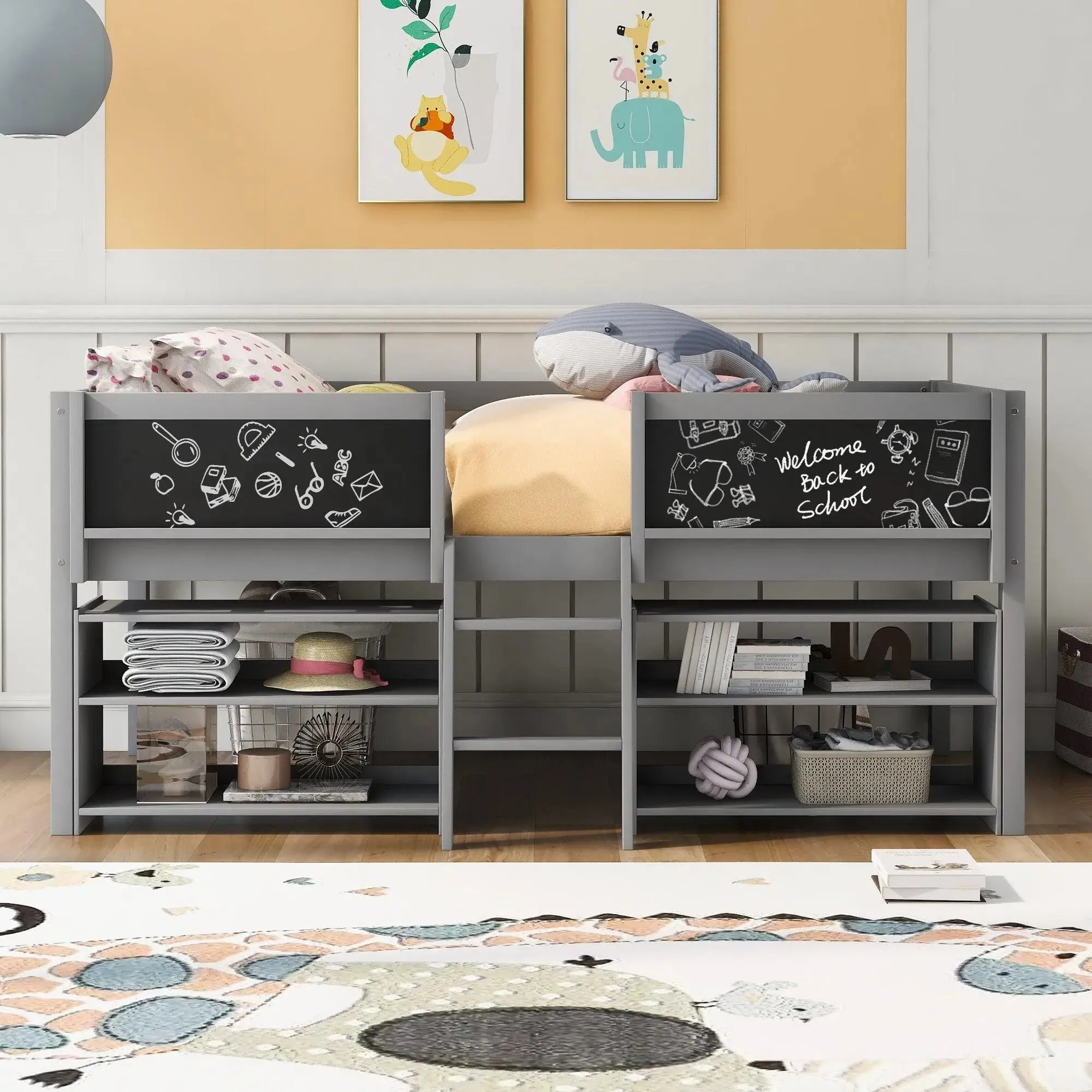 Bellemave® Twin Size Low Loft Bed with Decorative Guardrail Chalkboard