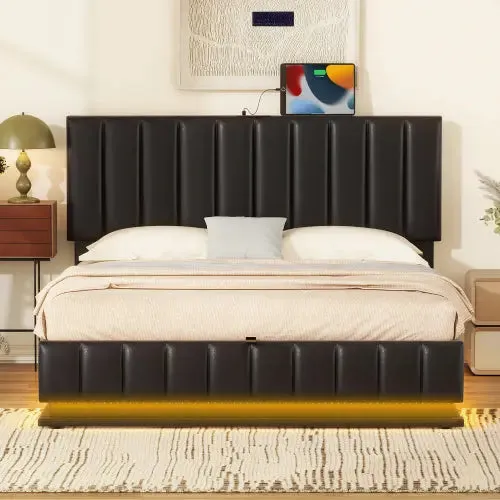 Bellemave® Upholstered Bed with Hydraulic Storage System and LED Light, Sockets and USB Ports