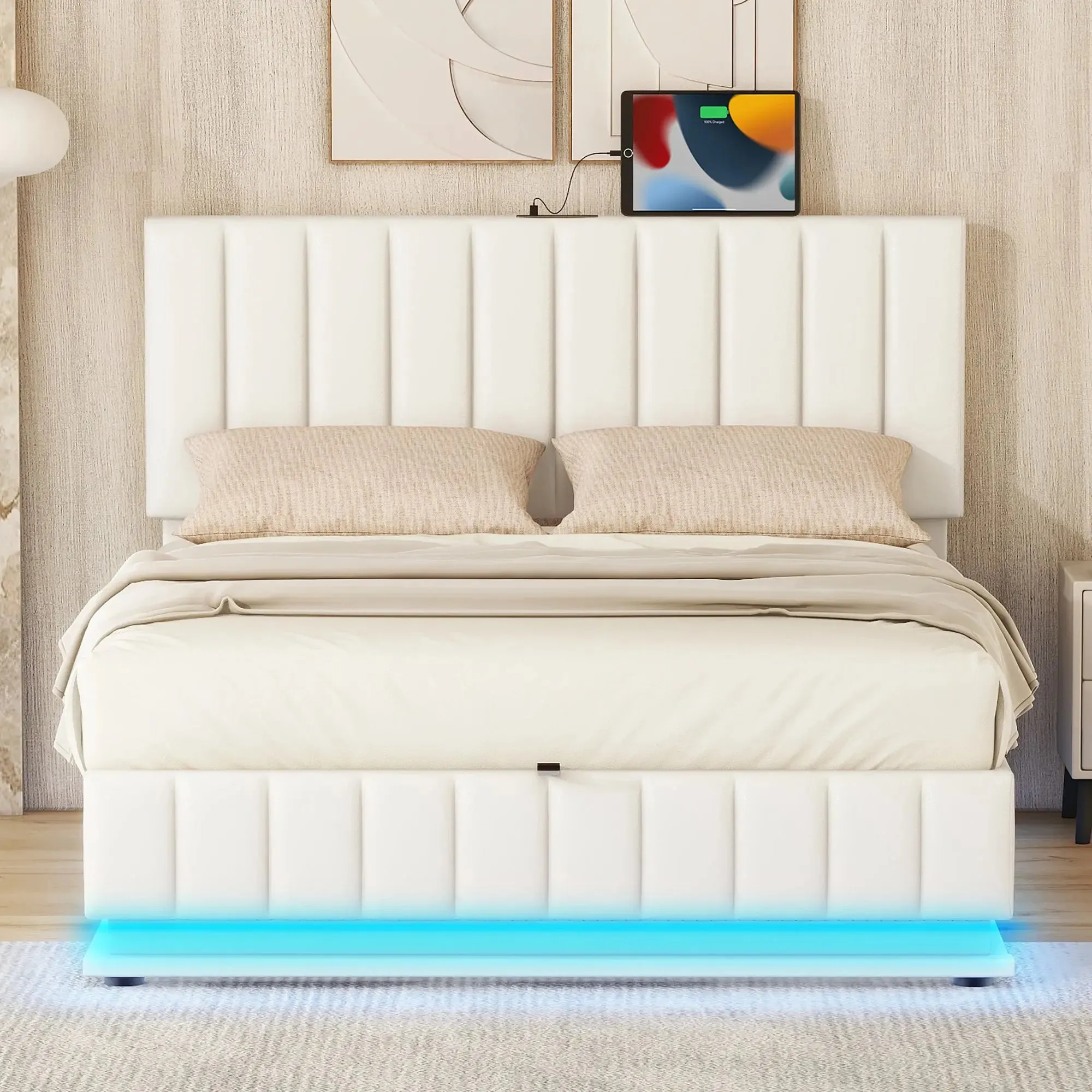 Bellemave® Upholstered Bed with Hydraulic Storage System and LED Light, Sockets and USB Ports