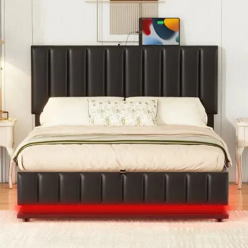 Bellemave® Upholstered Bed with Hydraulic Storage System and LED Light, Sockets and USB Ports