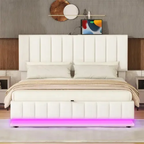 Bellemave® Upholstered Bed with Hydraulic Storage System and LED Light, Sockets and USB Ports