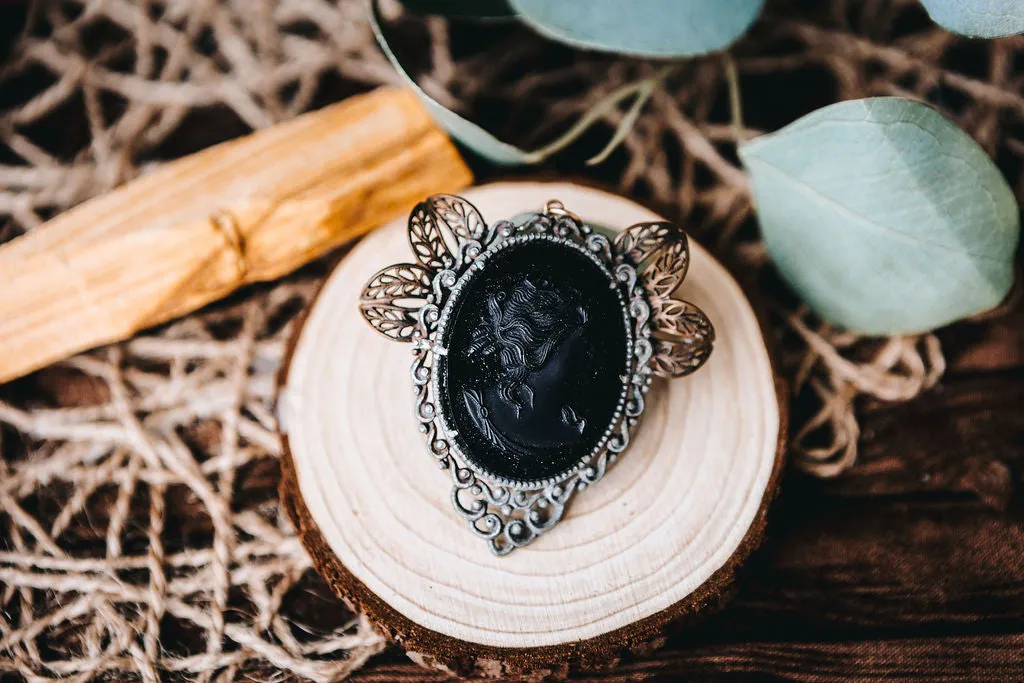 Black Glass & Moonstone Cameo// Goddess Mourning Necklace