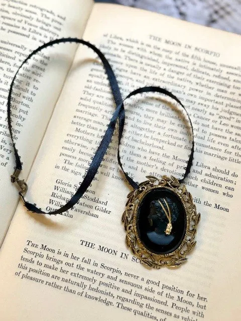 Black Glass & Moonstone Cameo// Goddess Mourning Necklace