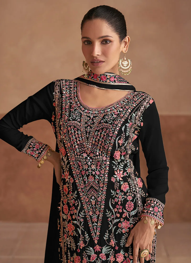 Black Multicoloured Embroidery Festive Palazzo Suit