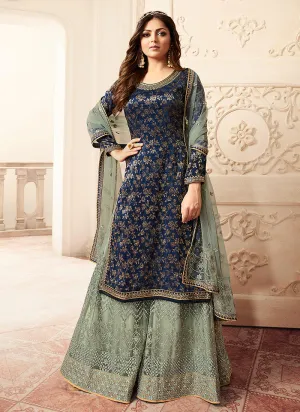 Blue And Teal Tradition Embroidered Wedding Sharara