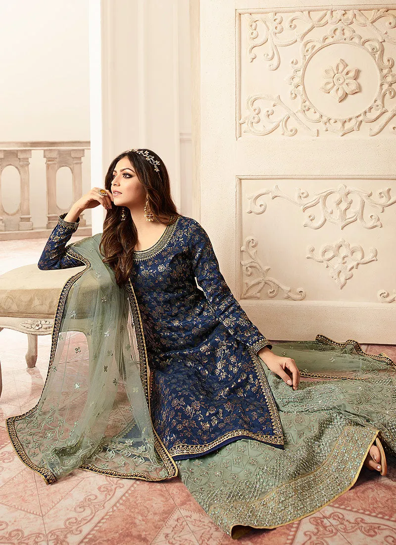 Blue And Teal Tradition Embroidered Wedding Sharara