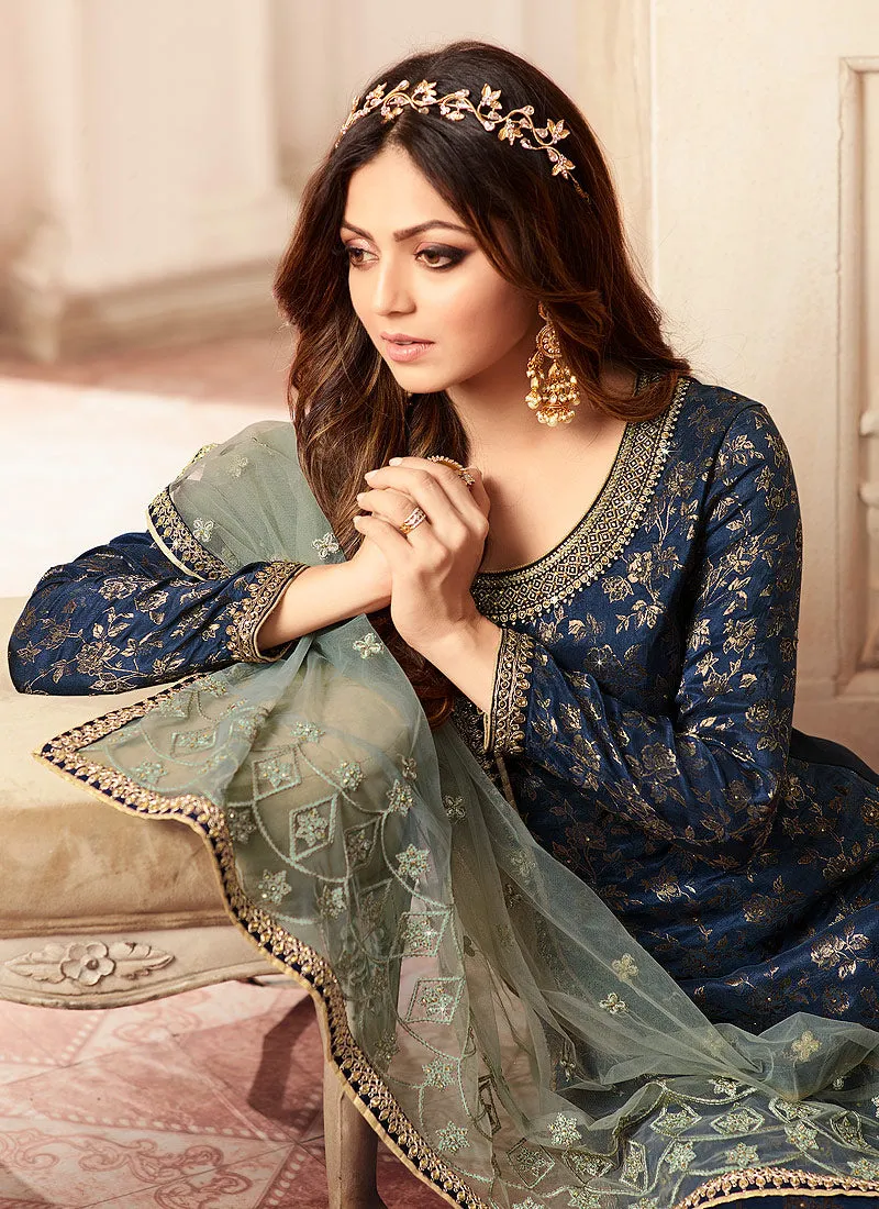 Blue And Teal Tradition Embroidered Wedding Sharara