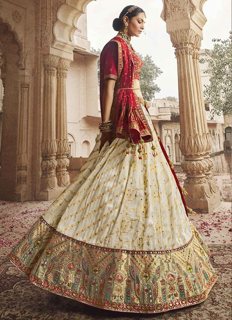 Cream Red Embroidery Viscose Lehenga Choli