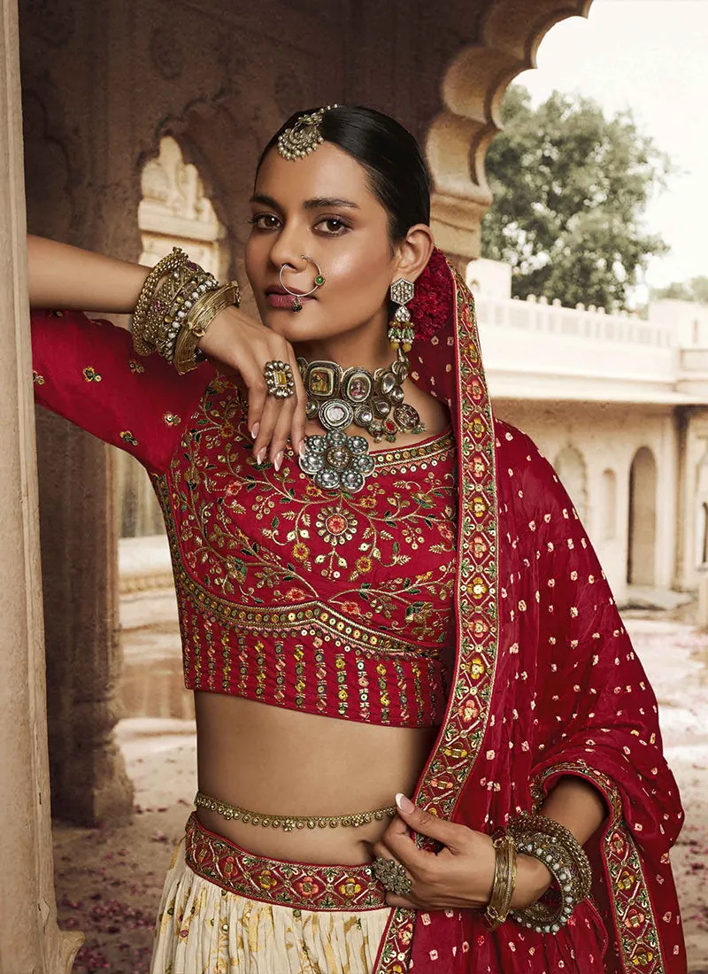 Cream Red Embroidery Viscose Lehenga Choli