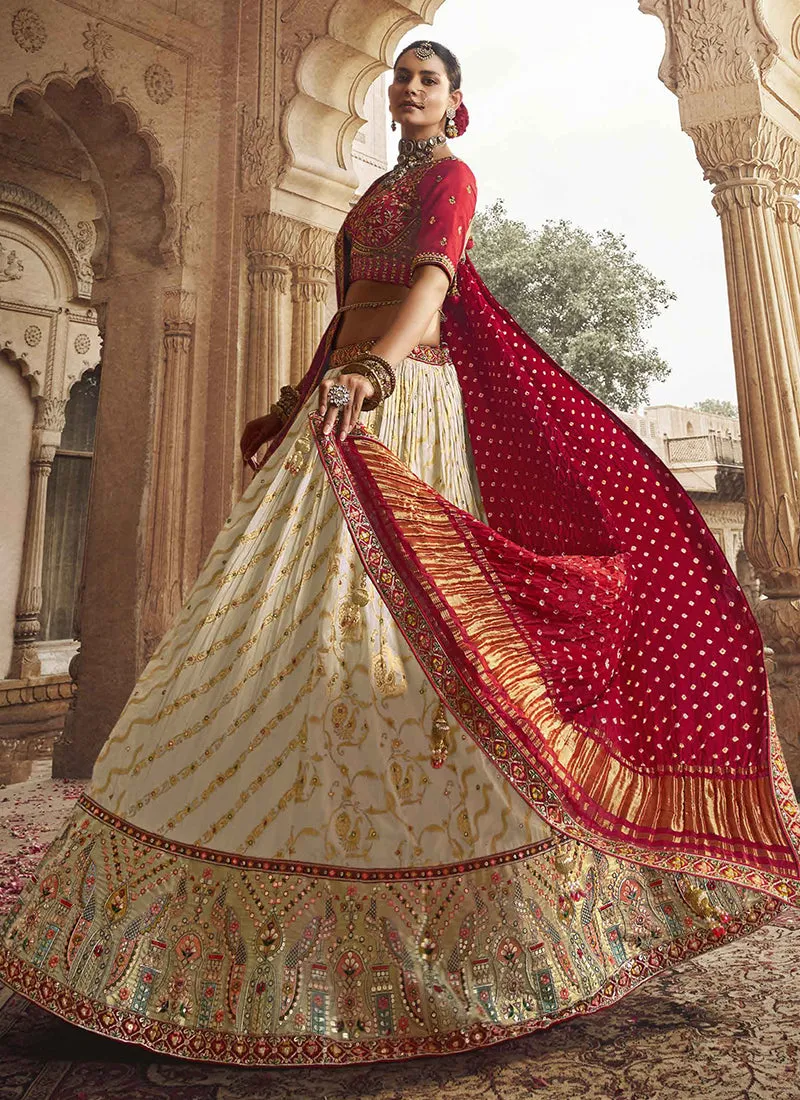 Cream Red Embroidery Viscose Lehenga Choli