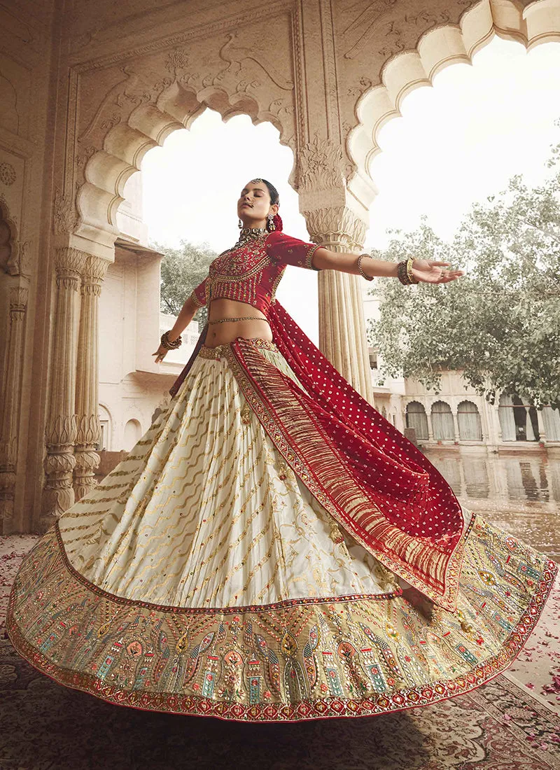 Cream Red Embroidery Viscose Lehenga Choli