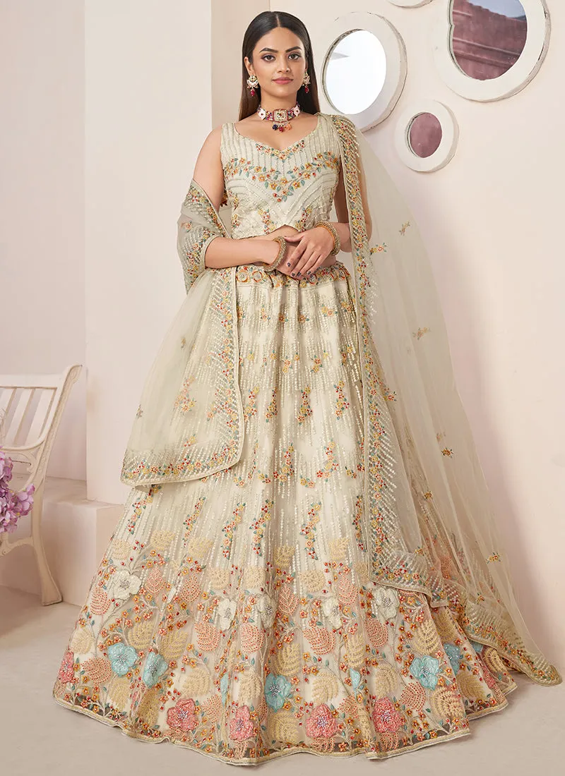 Cream White Multi Embroidery Festive Lehenga Choli