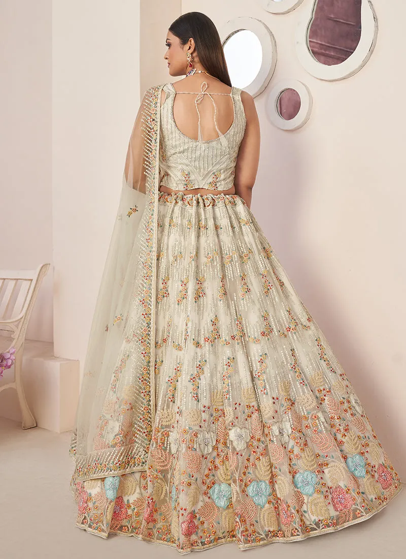 Cream White Multi Embroidery Festive Lehenga Choli