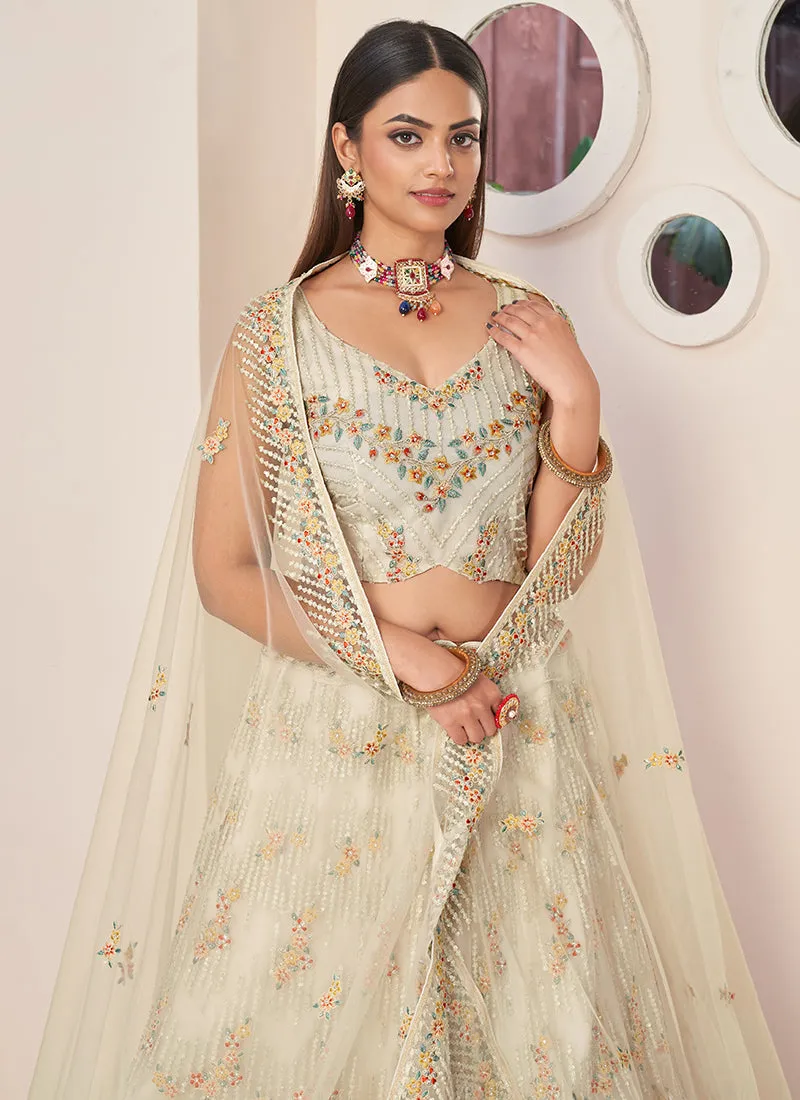 Cream White Multi Embroidery Festive Lehenga Choli