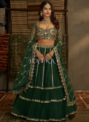 Dark Green Sequence Embroidery Traditional Net Lehenga Choli