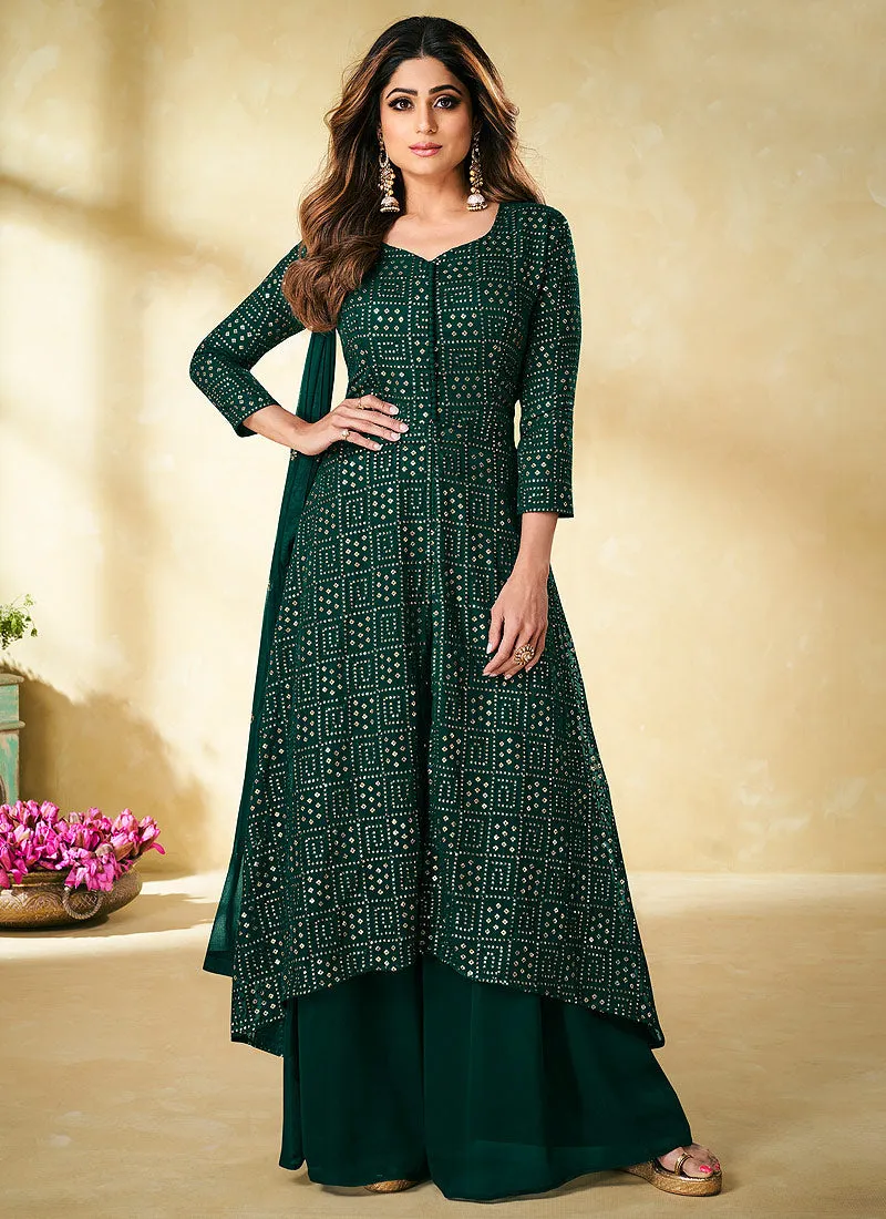 Dark Green Zari And Badla Embroidered Indian Palazzo Suit