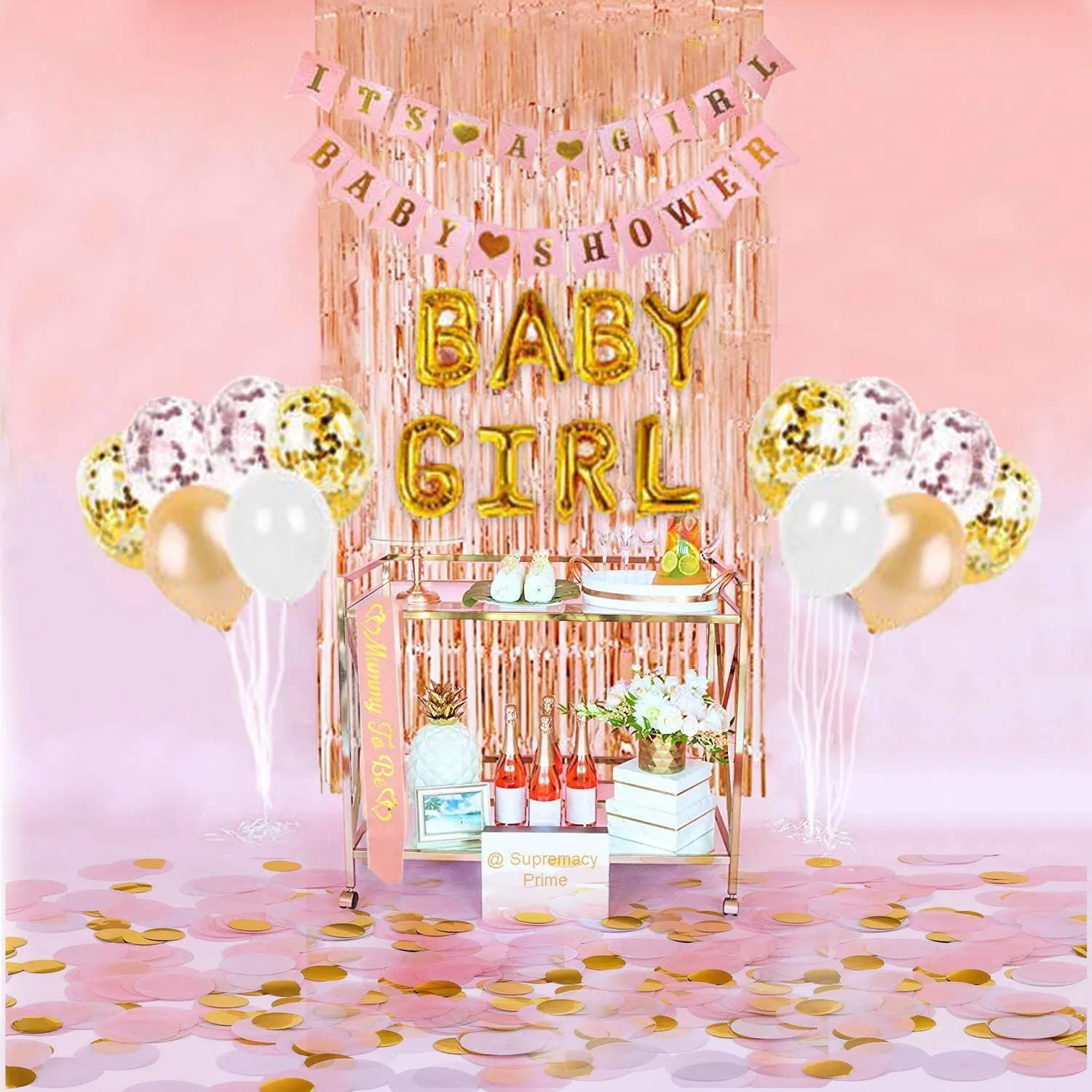 Decorations Baby Shower Party  | Rose Gold Fringe Curtain | Confetti Balloons and more.