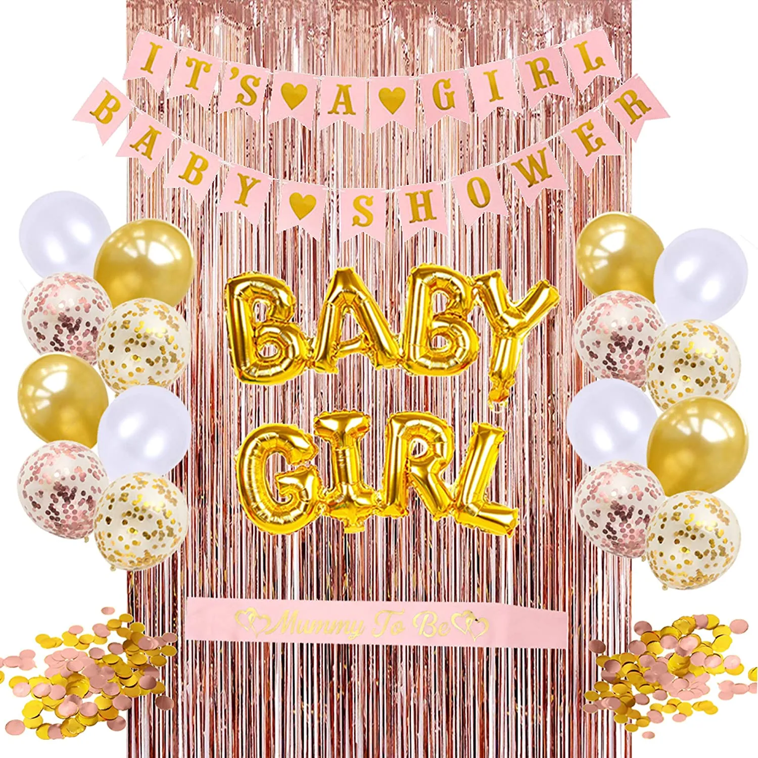 Decorations Baby Shower Party  | Rose Gold Fringe Curtain | Confetti Balloons and more.