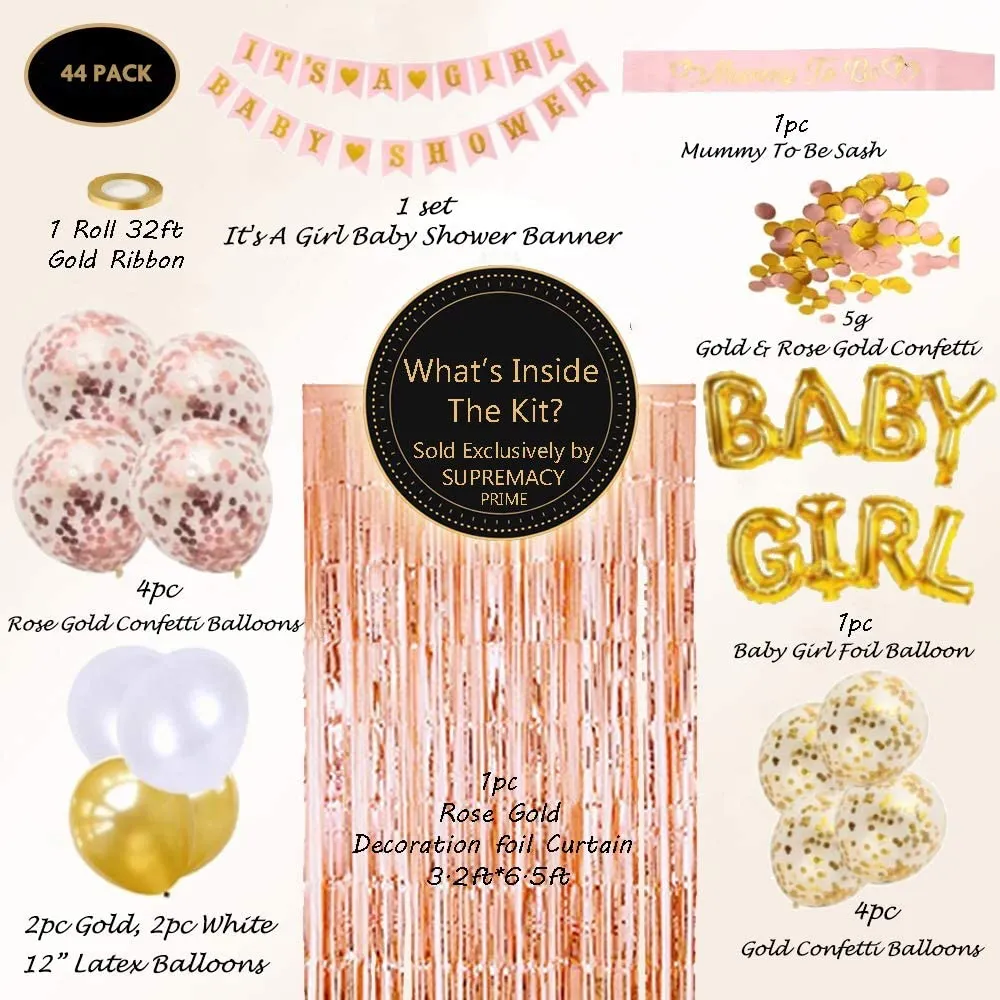 Decorations Baby Shower Party  | Rose Gold Fringe Curtain | Confetti Balloons and more.