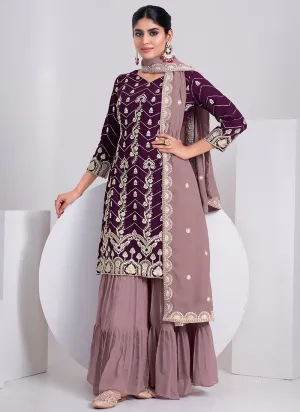 Deep Wine And Mauve Embroidery Festive Sharara Style Suit