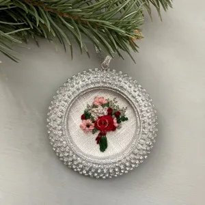 Embroidered Floral Glitter Ornament - Crimson