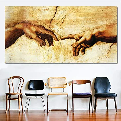 Faicai Art Banksy Graffiti Canvas Painting Creation of Adam Hand of God Printed Pictures Classical Religion Modern Wall Decor For Living Room Famous Art Prints Posters Framed Ready to Hang 28"x40"