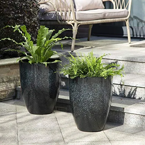 Glitzhome 2 Set Garden Tall Pots, Oversized Evironmental PE & Stone Glaze Lite Pot, Decorative Round Planters with Drainage Holes for Indoor Outdoor