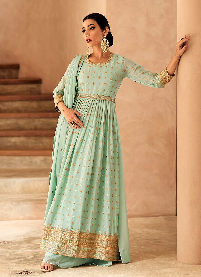 Green Sequence Embroidery Wedding Anarkali Palazzo Suit