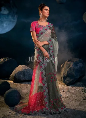 Grey Pink Sequence Embroidered Festive Saree