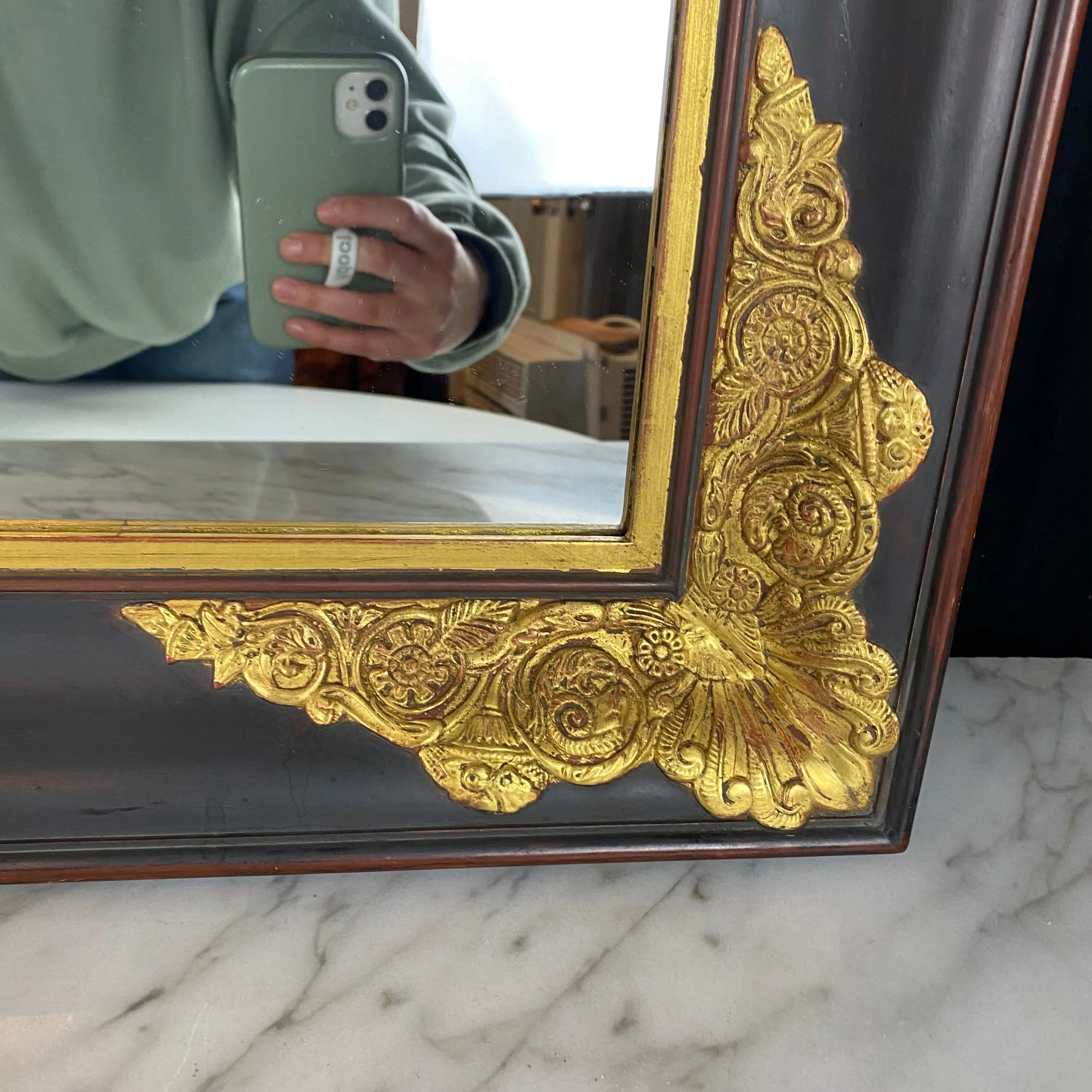 Large French Empire Ebony Black and Gold Carved Giltwood and Gilt Gesso Mirror