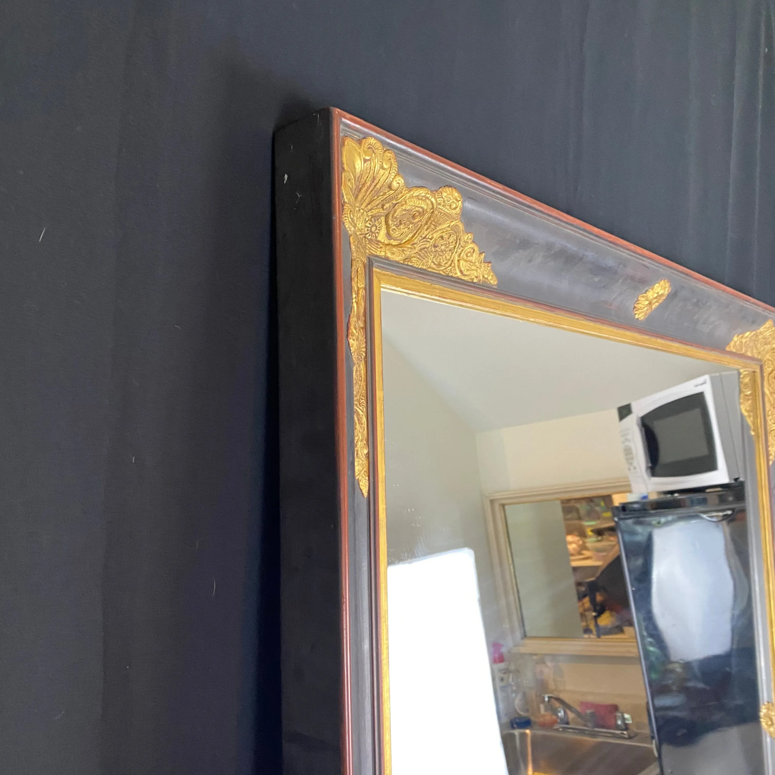 Large French Empire Ebony Black and Gold Carved Giltwood and Gilt Gesso Mirror