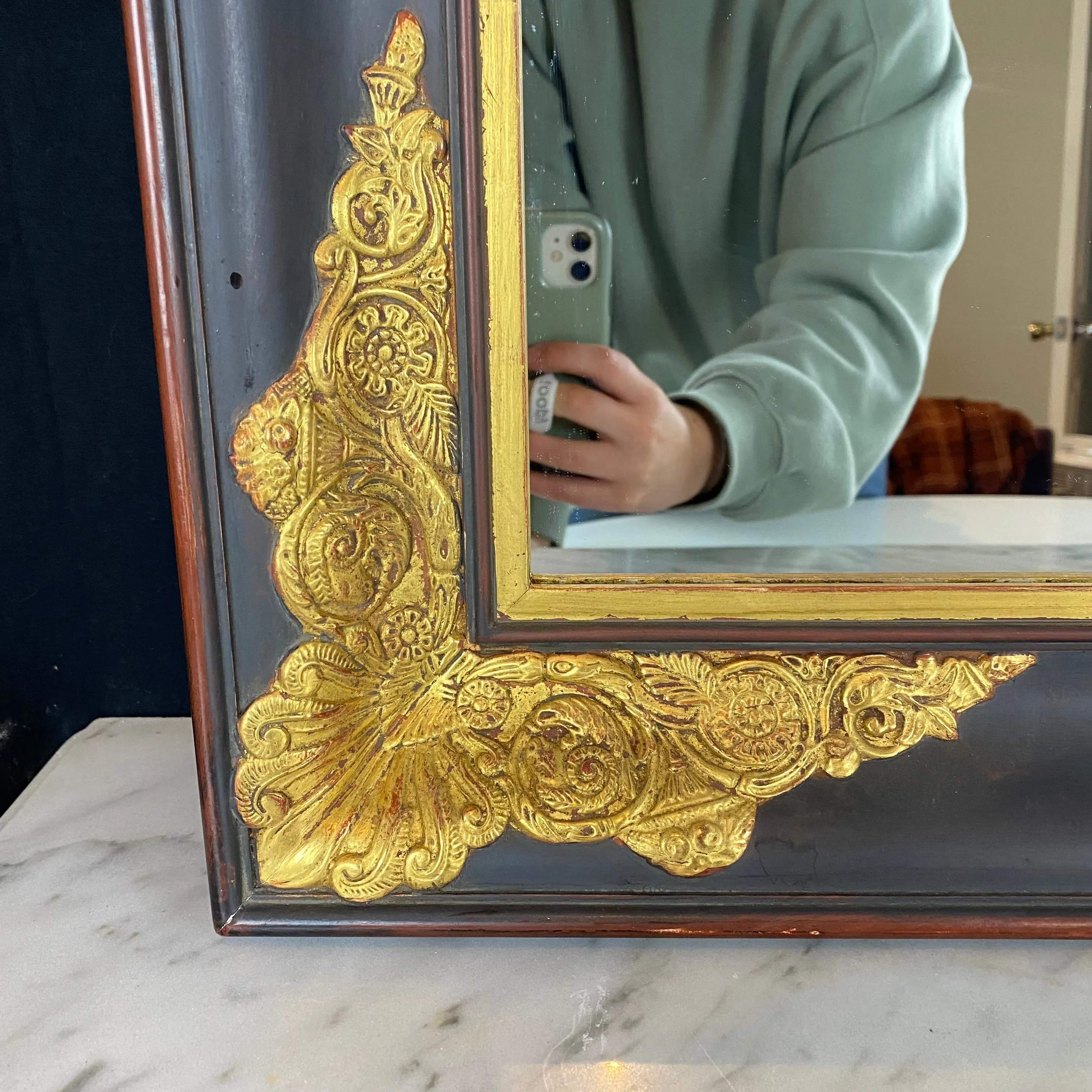 Large French Empire Ebony Black and Gold Carved Giltwood and Gilt Gesso Mirror