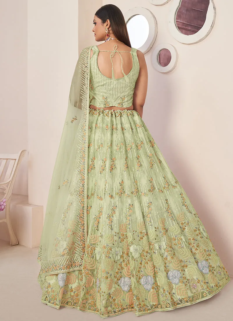 Lime Green Multi Embroidery Festive Lehenga Choli