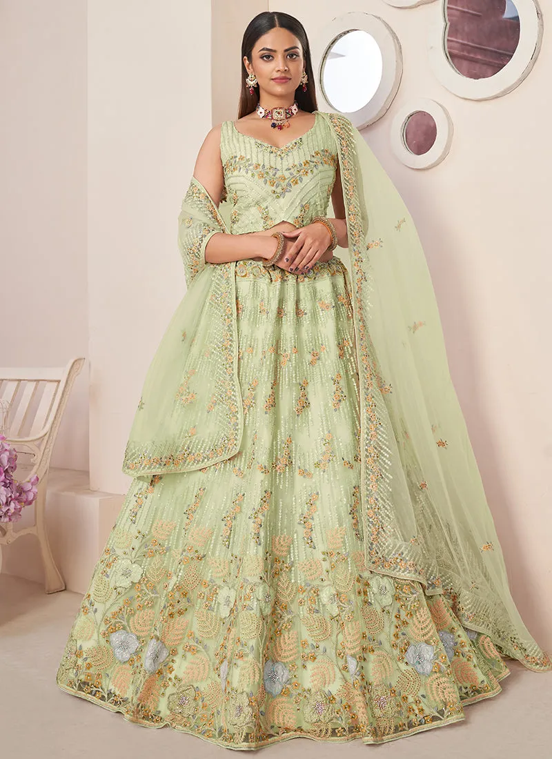 Lime Green Multi Embroidery Festive Lehenga Choli