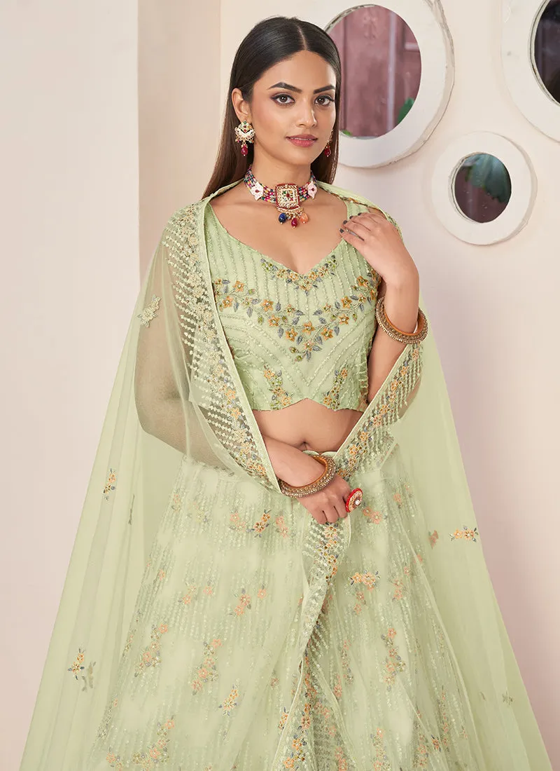 Lime Green Multi Embroidery Festive Lehenga Choli