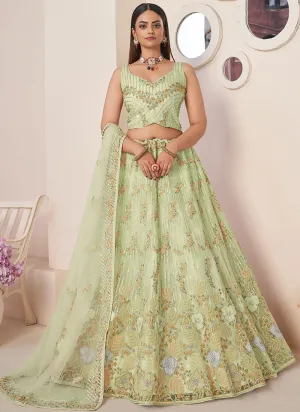 Lime Green Multi Embroidery Festive Lehenga Choli