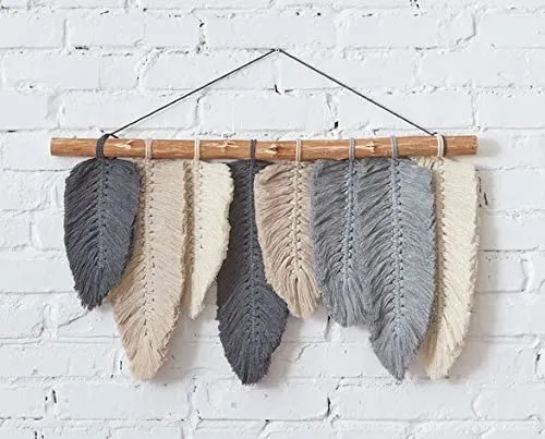 Macrame Feathers Boho Chic Leaf - Handmade Woven Wall Art Decor Tassels Decoration Backdrop Over the Bed Interior Ornaments, 31.5" x 19.5"-inch