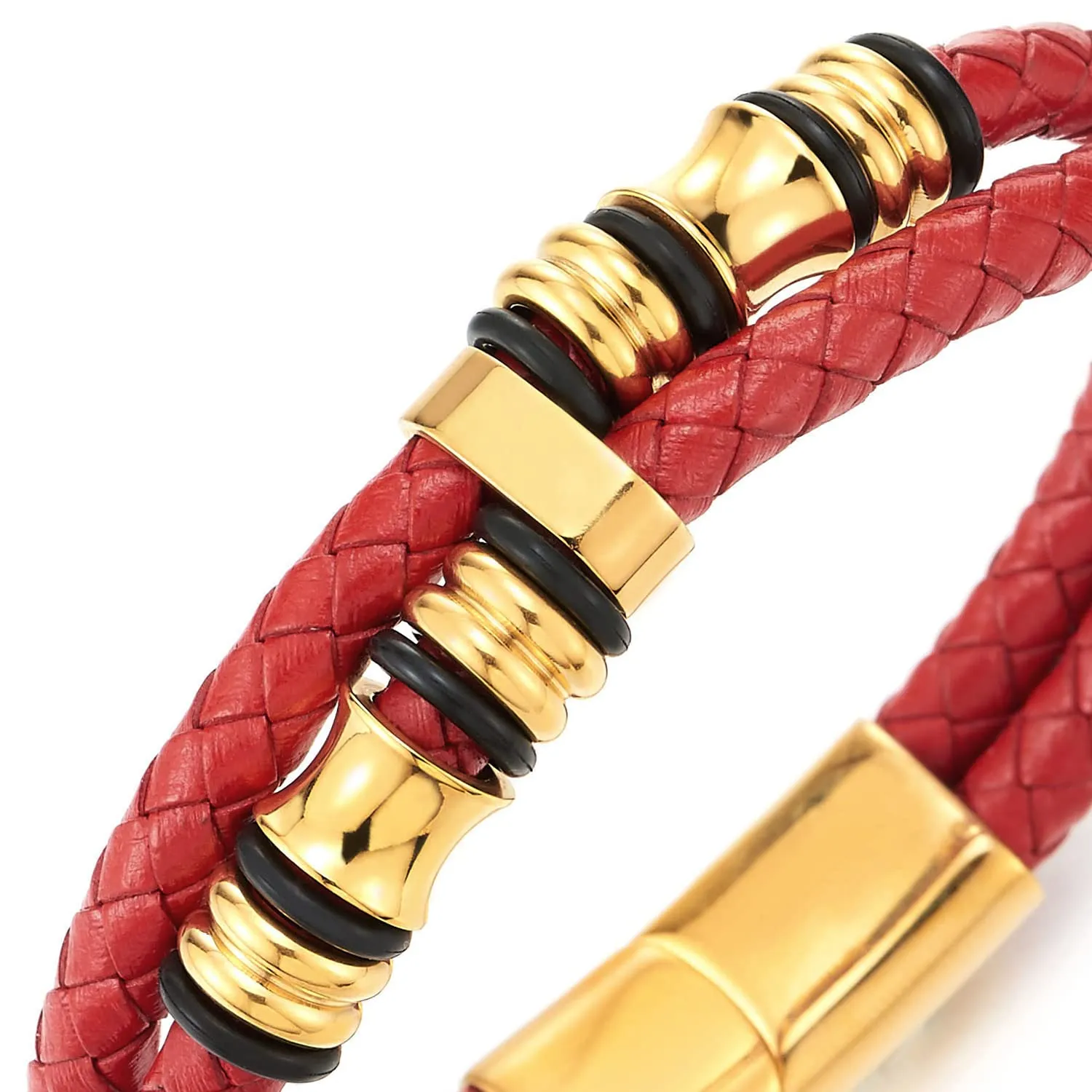 Mens Double-Row Red Braided Leather Bracelet Bangle Wristband, Gold Color Steel Ornaments