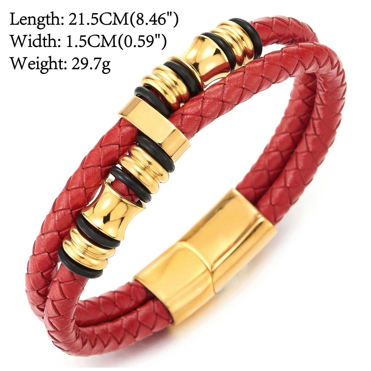 Mens Double-Row Red Braided Leather Bracelet Bangle Wristband, Gold Color Steel Ornaments