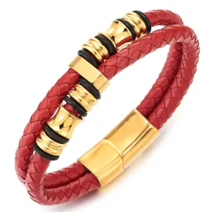 Mens Double-Row Red Braided Leather Bracelet Bangle Wristband, Gold Color Steel Ornaments