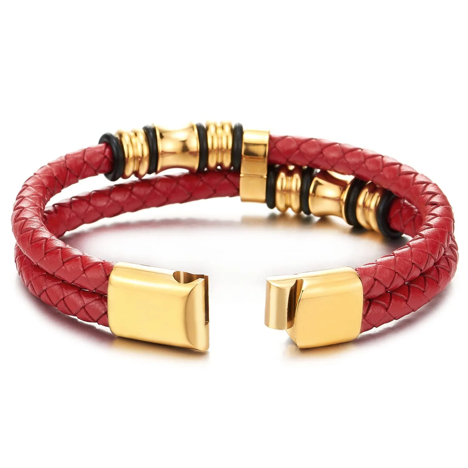 Mens Double-Row Red Braided Leather Bracelet Bangle Wristband, Gold Color Steel Ornaments